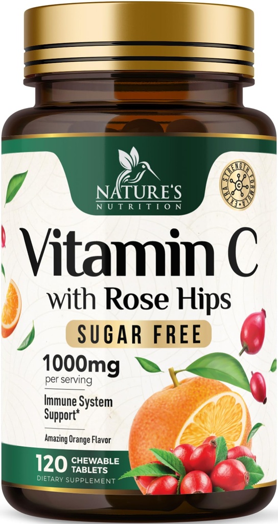 Witamina C Chewable 1000mg - Ekstra Silne przeciwutleniacze do silnego wsparcia immunologicznego w / Witamina C & Rose HIPS - Potwent Dietetyczny VIT C Chews Supplement, Natural Orange Flavor, Wegan, Non-GMO - 120 Tabletki