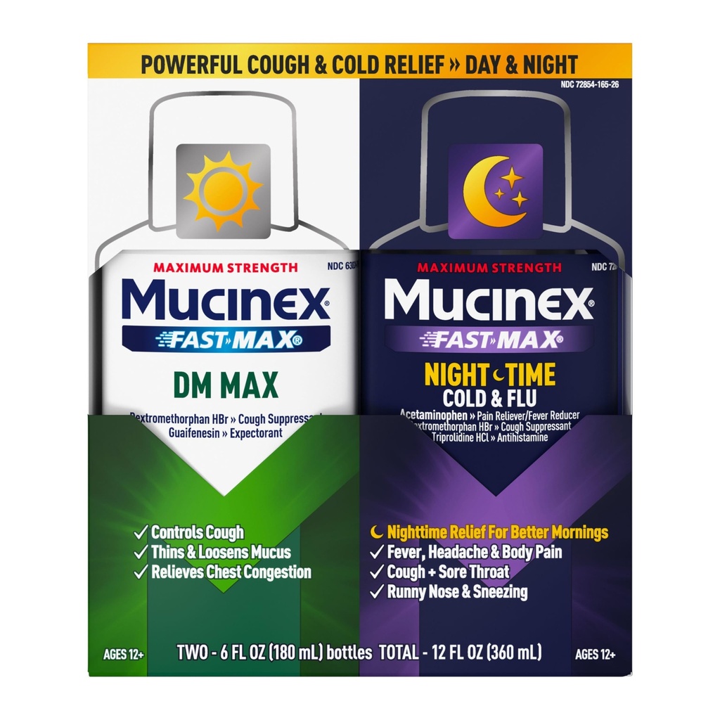 Maksymalna wytrzymałość Mucinex FastMax DM Max & Mucinex Nightshift Cold & Flu Liquid (2 x 6 fl. oz.) Cienkie i luźne Mucus, zwalnia przekrwienie kaszlu i klatki piersiowej, ból, gorączka, kichanie, ból gardła, katar