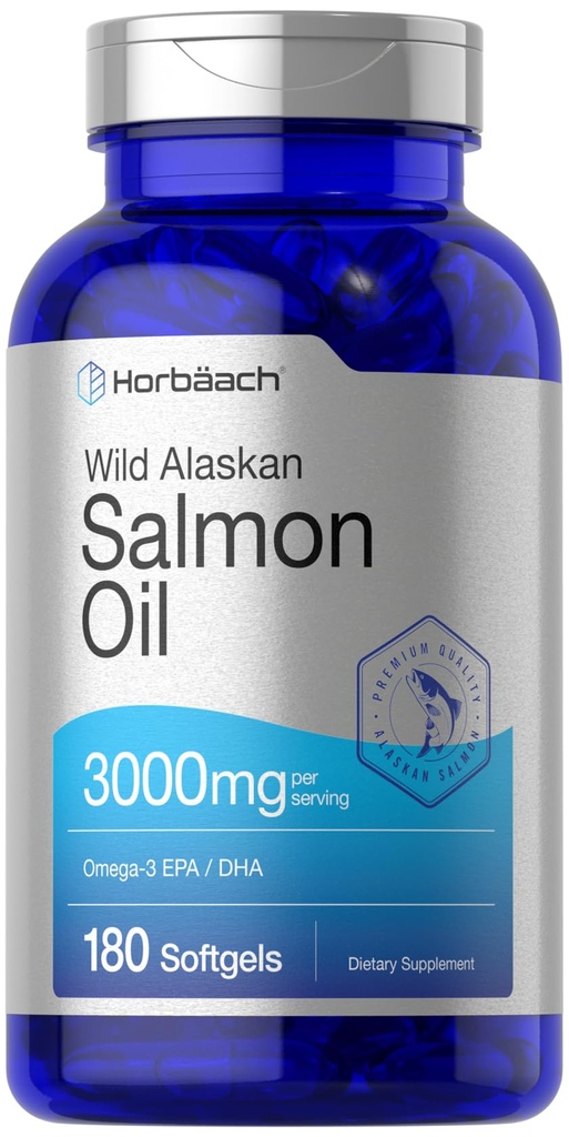 Horbäach Wild Alaskan Salmon Fish Oil Bis124; 180 Softgel Capsules 124; Gluten Free, Non-GMO Bis124; High Potency 124; Excellent Source of Omega-3 Fatty Acids EPA and DHA