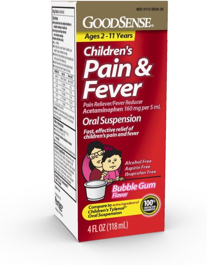 GoodSense Children 's Pain Reliever Liquid, Bubble Gum Flavor, Acetaminofen 160 mg / 5 ml, Efective Pain Relief / Fever Reducer for Kids Ages 2- 11, 4 Oz