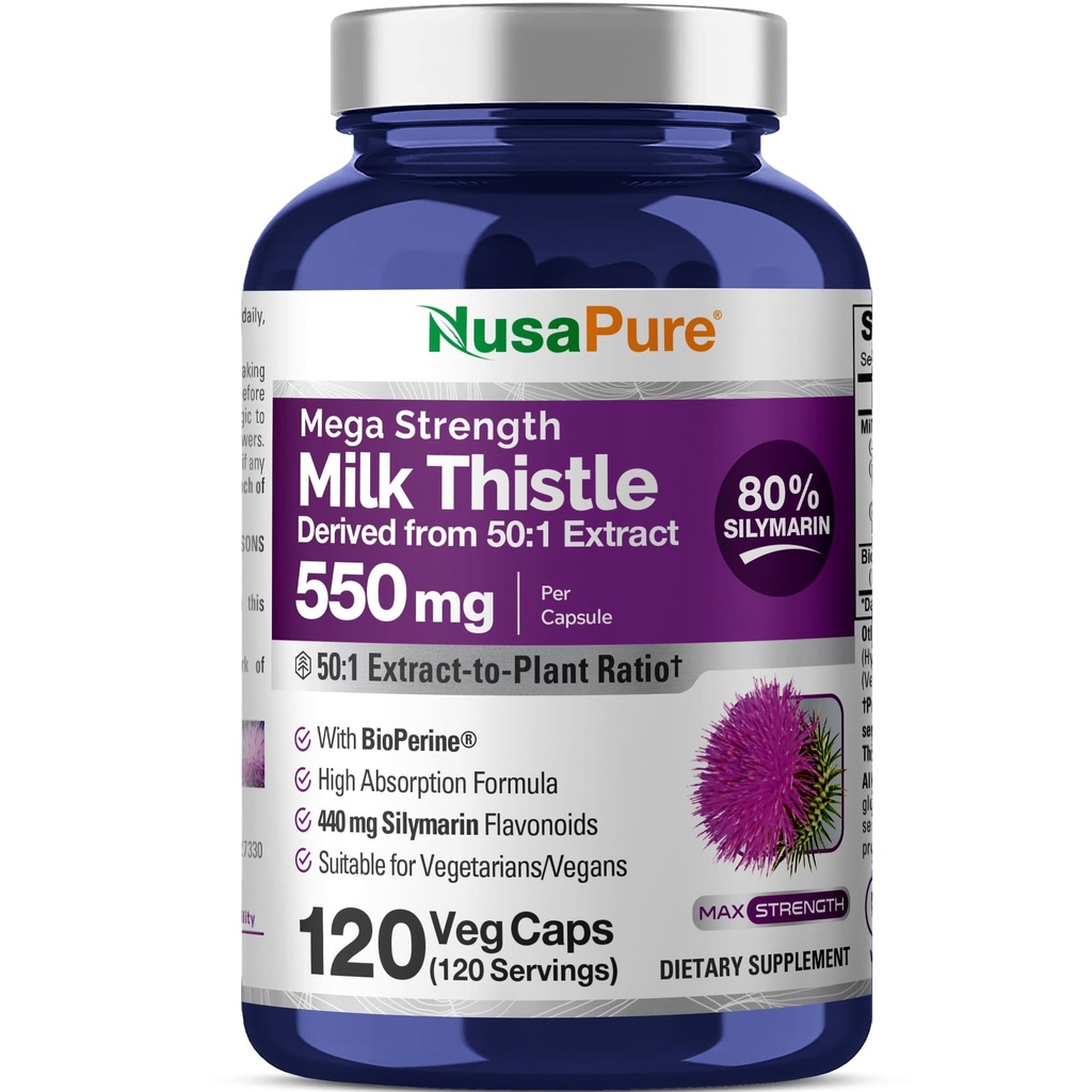 NusaPure Milk Thistle 50: 1 Extract, 550 mg Ekwiwalent 27,500mg 120 Veggie Capsules Non-GMO, Vegan Max Force - Standaryzowane 80% Silimarin, Bioperine