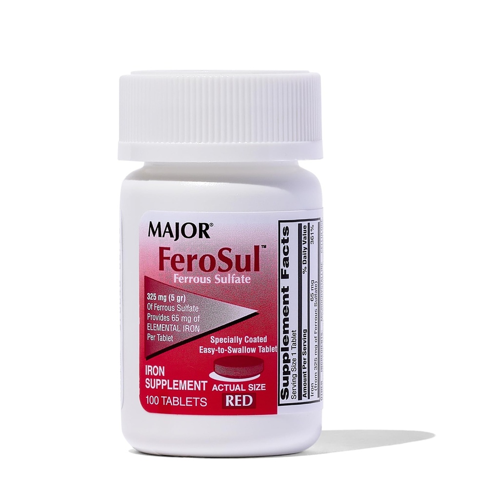 Major Ferosul - Żelaza siarczan 325 mg Tabletki z 65mg Żelaza elementarnego - Żelaza Suplement dla Kobiet, Mężczyźni - Czerwony - 100 Tabletki - Opakowanie po 1