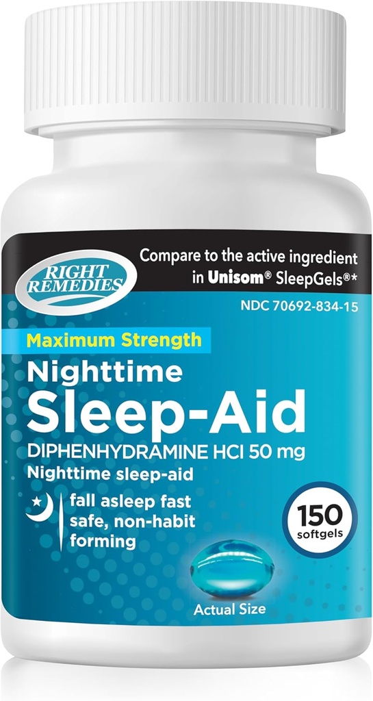 Nighttime Sleep Aid Softgels, (150 softgeli), Difenhydramine HCI 50 mg, Fall Asleep Fast, Obsługuje Deeper, Resteful Sleep