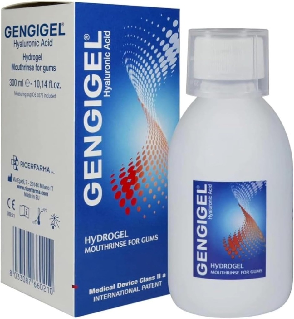 Gengigel Hyaluronic Acid Mouthrinse (300 ml), roztwór doustny do pielęgnacji gumy, zmniejsza dyskomfort, pomaga Relieve Gum Recession & Gingivitis, Brak alkoholu lub SLS, Wegan & Kosher