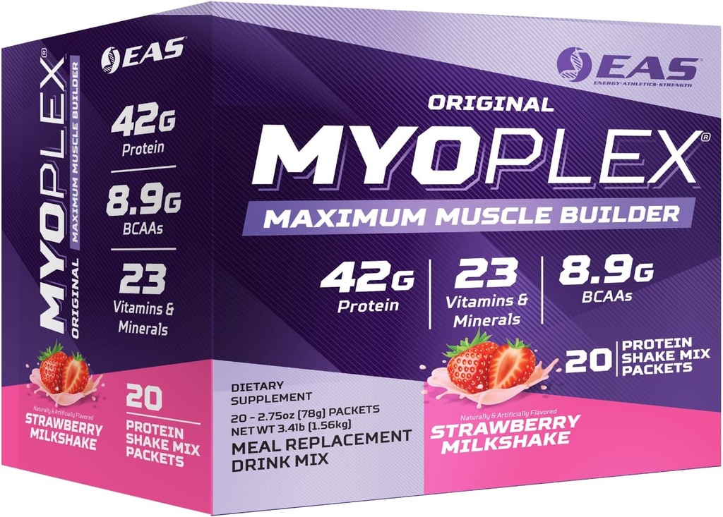 EAS Original Myoplex Maximum Muscle Builder Agregat 124; Meal Replacement Protein Drink Mix 124; Quality Protein Blend Agregat 124; 42g Protein Agregat 124; 20 Indywidualnych opakowań (Truskawkowy Milkshake)