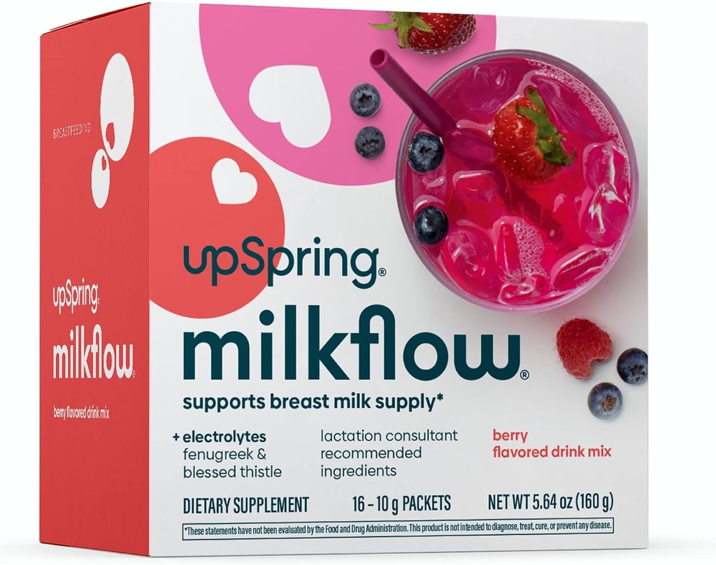 UpSpring Milkflow Electrolyte Breaking Supplement Drink Mix with Fenugreek Bis124; Berry Flavor Bis124; Lactation Supplement to Support Breast Milk Supply & Restore Electrolytes Bis124; 16 Drink Mixes