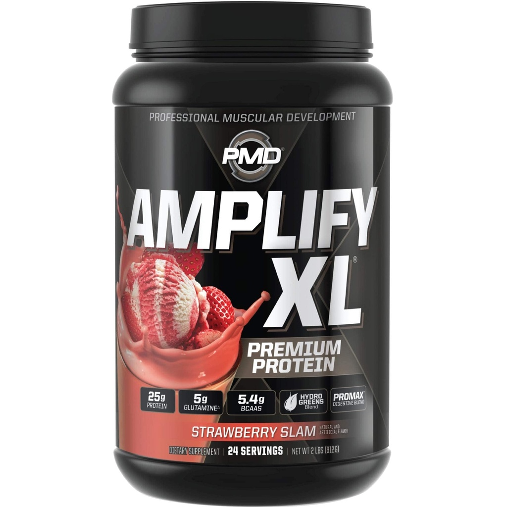 PMD Sports Amplify XL Premium Suplement białka serwatki Hydro Zielone Mieszanka - Glutamina i Matrix białka serwatki z Superfood dla mięśni, Siła i Odzysk - Truskawka Slam (24 Służenia)