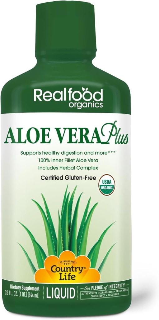 Country Life Realfood Organics Liquid Aloe Vera Plus - Supports Digestive Health & Immune System - with Slippery Elm, Ginger, Turmeric, Peppermint - Organic ACTIValoe, Qmatrix Process - 32 oz