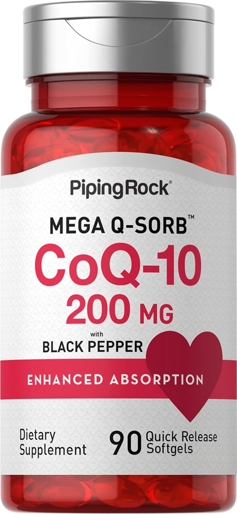 Piping Rock CoQ10 200mg Softgels 124; 90 Hrabia 124; Suplement dla kobiet i mężczyzn 124; z Black Pepper Extract 124; Non- GMO, Gluten Free