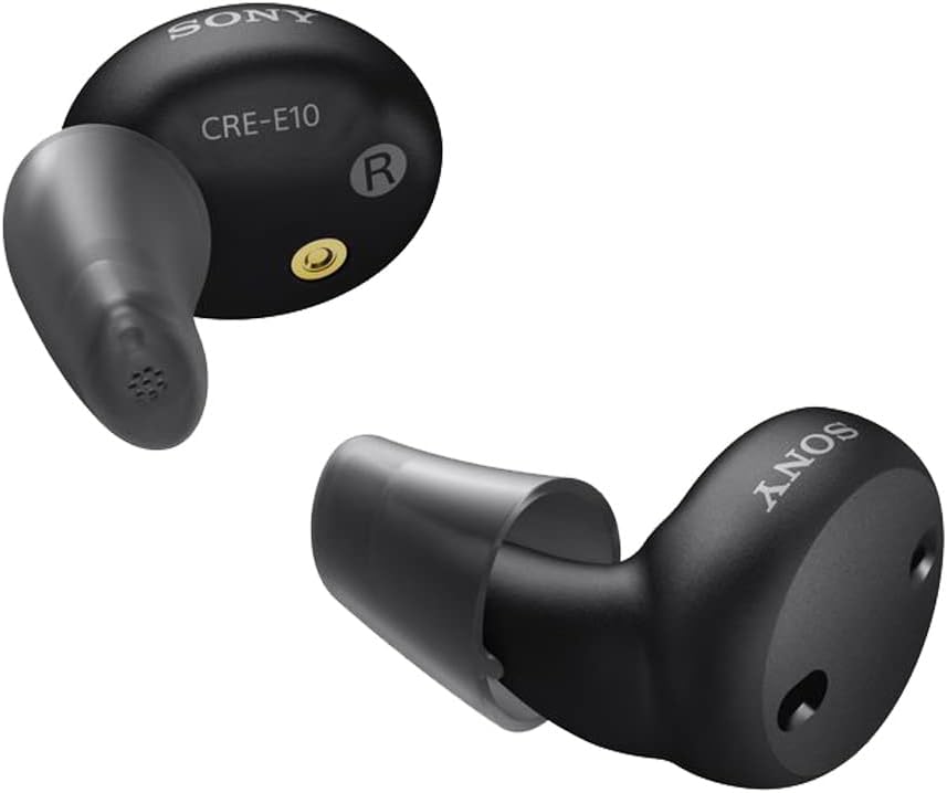 Sony CRE- E10 Self- Fitting OTC Słuchowy Pomoc dla łagodnego do umiarkowania Utrata słuchu, Prescription- Grade Jakość dźwięku, Komfortowy Earbud Design, Bluetooth Enabled dla iOS, i akumulator do ładowania, czarny