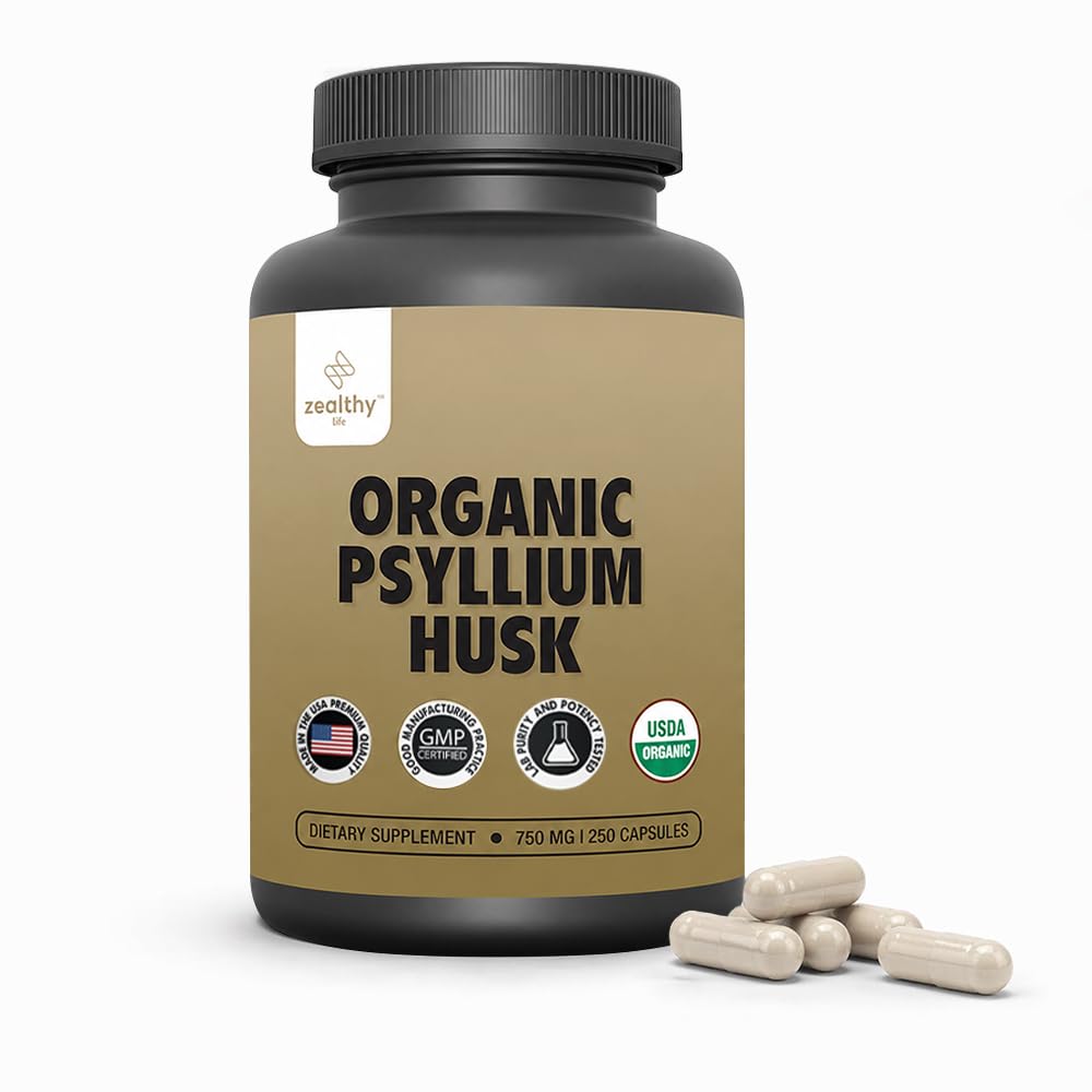 Organiczny Pyllium Husk kapsułki 750 mg, Natural Fiber Supplement for Gut Health * - Alternatywa dla Pyllium Husk proszek, Zjadalne życie, 250 Kapsułki