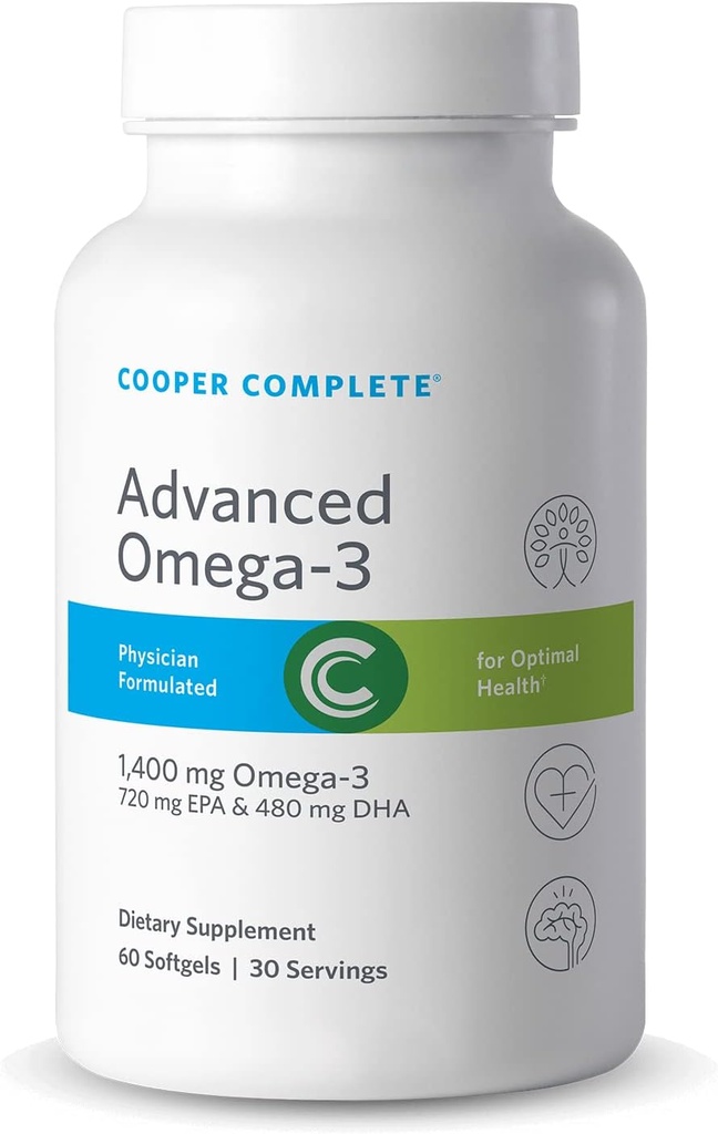 Cooper Complete - Advanced Omega 3 - Fish Oil Supplement, Concentrated EPA + DHA Omega-3 Fatty Acids 1400 mg - 60 Softgels per Bottle. Opakowanie zawierające 3