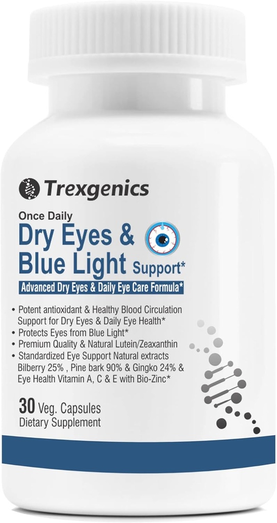 Trexgenics Dry Eyes & Blue Light Support Once Daily Vegetarian Formula z Lutein 10mg, Zeaksantyna 2 mg, Bilberry, Ginkgo, Pine Bark, Witamina C, Cynk i Witamina A (30 Kapsułki Veg)