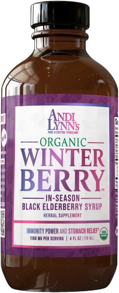 Andi Lynn 's Winterberry Black Elderberry Syrop - Zawiera czarne jeżyny, cynamon, imbir, miód i cytryna - Wsparcie immunologiczne dla całej rodziny - Organic & Great Tasting Syrup 4oz