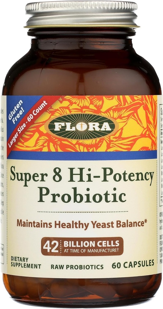 Flora - Super 8 Hi potencja Probiotyki 60 Hrabia - Zdrowy Yeast Balance & Digestive Health - dla mężczyzn i kobiet - 42 Miliard CFU, Raw, Gluten Free - Do 2 Miesiąc Dostawy