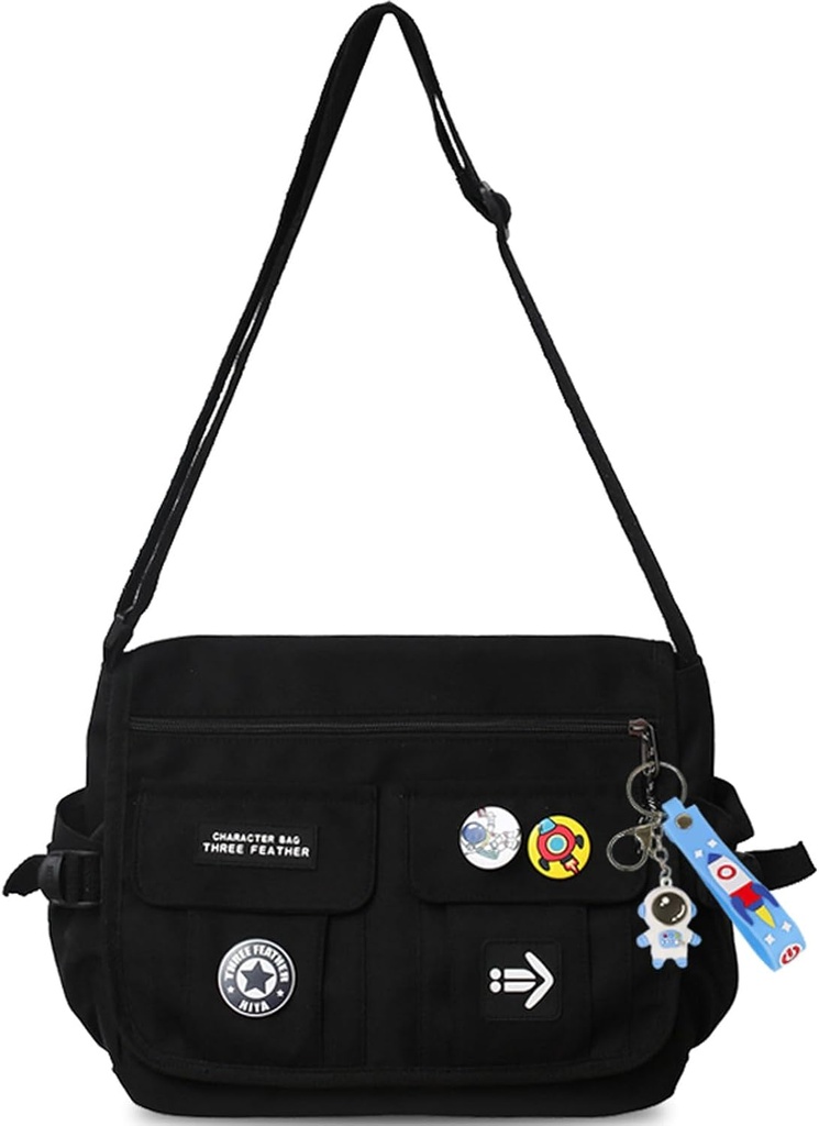 Moda Crossbody Bag z cute Akcesoria Nylon Casual Messenger Bag z Pendant Lekka torebka Travel Daypacks (Czarny)