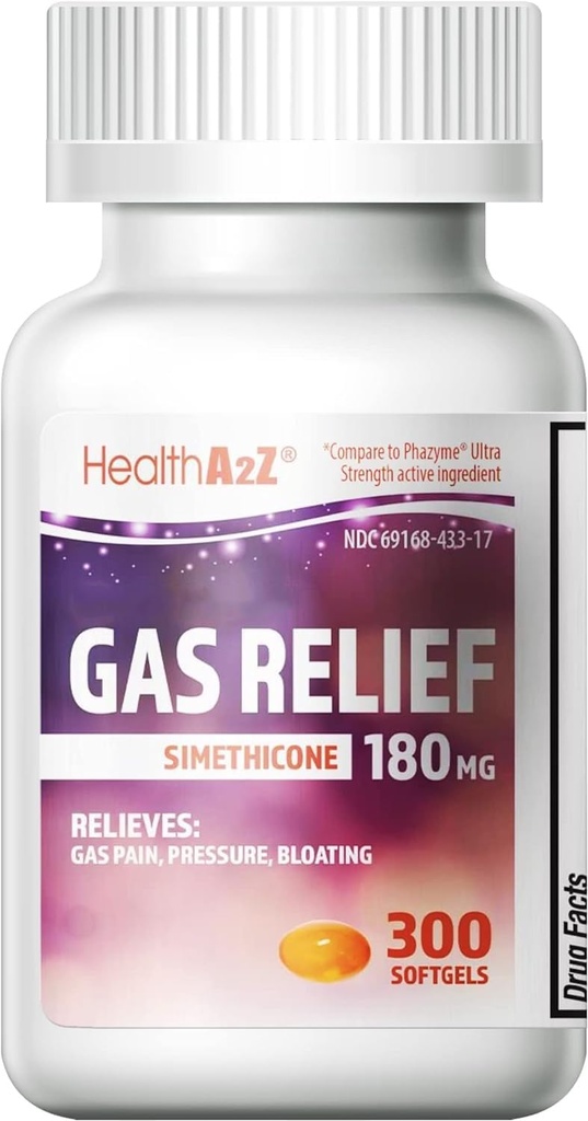 HealthA2Z ® Gas Relief Simeticone 180mg Simeticone 124; Relieves from Stomach Discomfort and Gas Discomfort 124; Anti Flatulence Simeticone 124; Relieves Gas Fast (300 Count (Pack of 1))