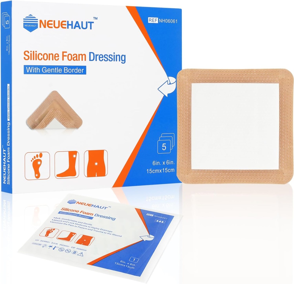 Silikon Piankowy opatrunek z łagodną przylegającą granicą 6 "x6", Bed Sore Pressure Ulcer Noga Ulcer Sylikonowy opatrunek, Wysoka Absorbencja Wodoodporna, 5 Pack by NeueHaut