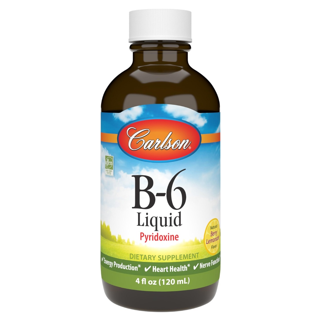 Carlson - B- 6 Liquid, Witamina B- 6, Energia Production, Heart Health, Berry Lemonade Flavor, 120 ml (4 Fl Oz)
