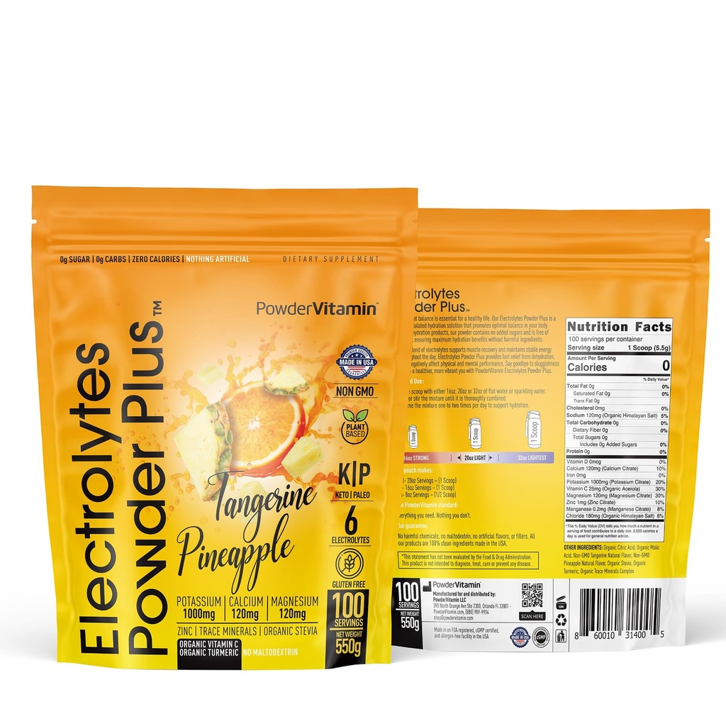 Proszek PowderWitamina Electrolytes Plus (100 Servings) Tangerine Ananas Electrolyte Proszek Zero Calorie Keto, 0 Cukier, Nie Maltodekstryna, 1000mg potasu, 120mg wapnia, 120mg magnezu, Proszek nawadniający