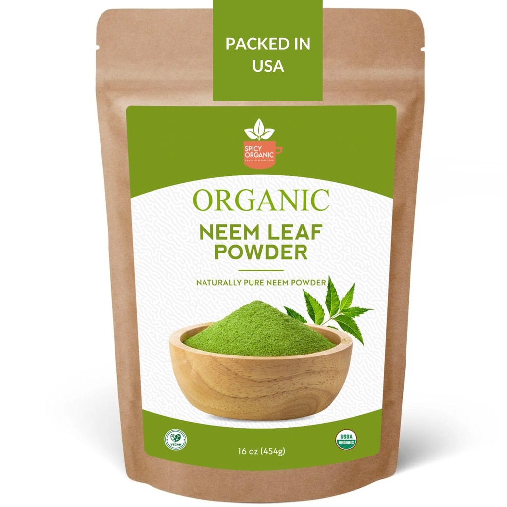 SPICY ORGANIC Neem Proszek - 16 oz. - Certified USDA Organic -Non-GMO - Świeże suszone Neem Leaves Proszek dla zdrowych włosów i skóry - Azadirachta Indica Ayurvedic Herb dla ogólnego Wellbeing