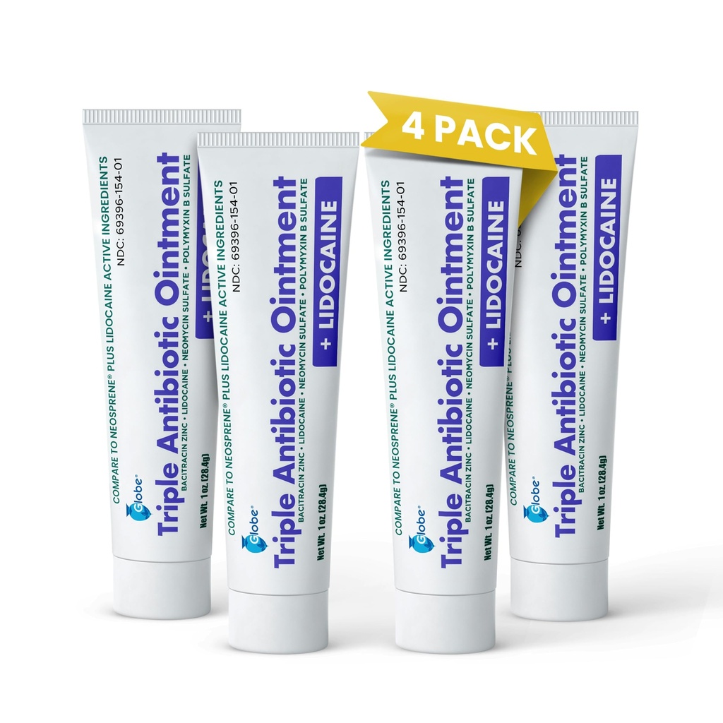 Globe (4- Pack) Lidokaina Pierwsza Pomoc Antybiotyczna Oz 1 - Maksymalna siła Ból Relief & Ochrona przed infekcją - Numbs Skóra Szybka z Lidokainą - Zastosowanie awaryjne i Ochrona przed infekcją