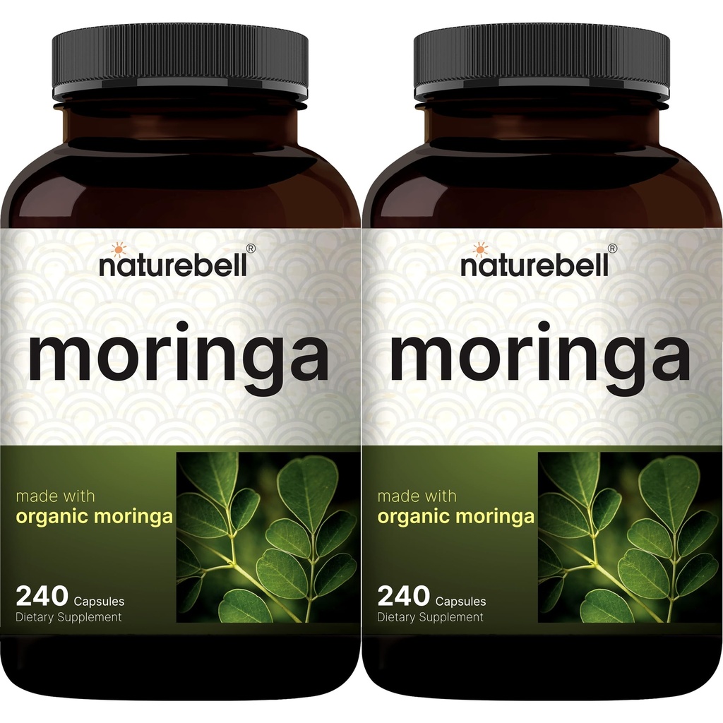 NatureBell Pure Moringa kapsułki 8,000mg Per Serving (2 Pack) 124; Made with Moringa Powder Organic, 480 Kapsułki - Green Superfood, Zdrowie skóry, & Wsparcie immunologiczne - Non-GMO, Gluten Free, 8 Miesiąc dostaw