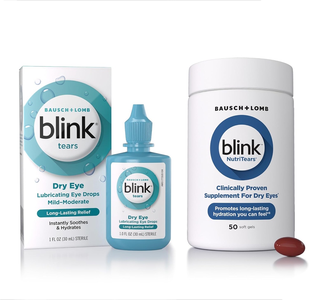 BLINK Łzy smarujące krople do oczu, 1 fl oz (30 ml) Pielęgnacja oczu o łagodnym do umiarkowania suchych oczu, Hyaluronian do zwiększenia nawadniania Nacieki odżywcze Klinicznie udowodnione Suplement dla suchych oczu, 50 Softgels