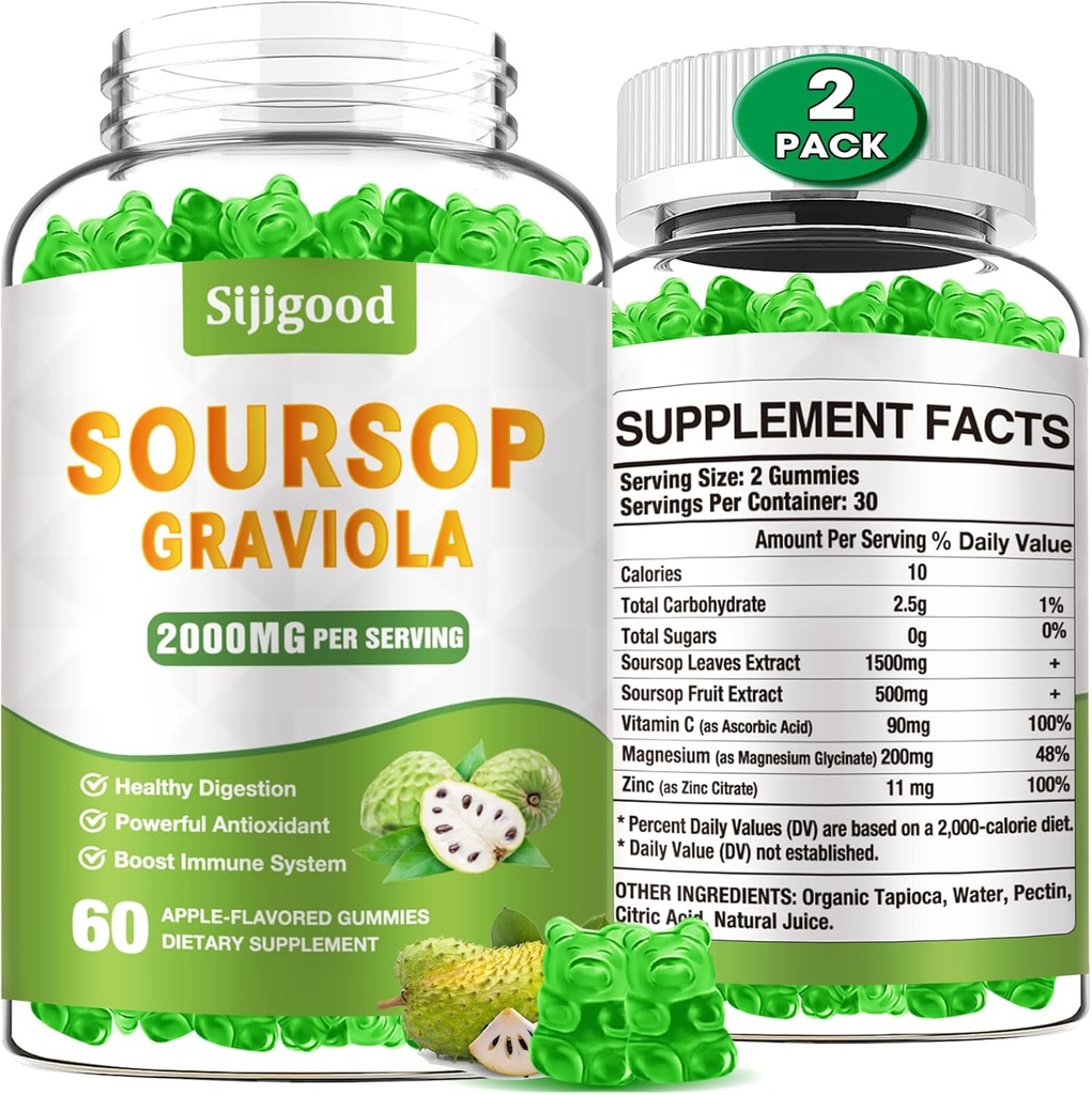 2 Pack Soursop Graviola Gummies - Organic Soursop Leaves & Fruit Extract - Pomoc spożywcza, Immune Support & Właściwości przeciwutleniające - 120 Jabłkowe Gummies aromatyczne