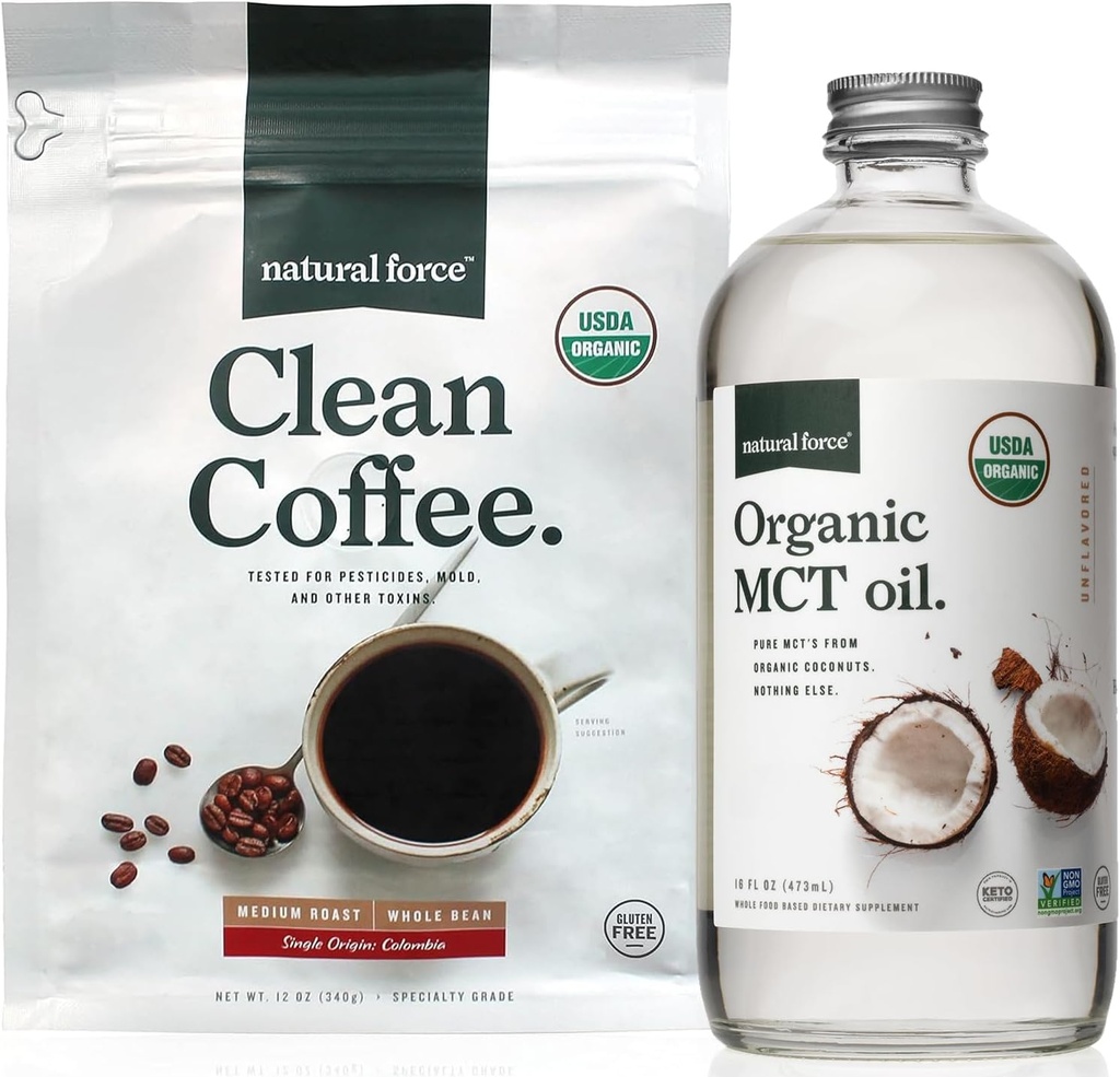 Natural Force Organic Clean Coffee + Organic MCT Oil Bundle - 100% Czysty MCTs Kokosowy & Mold & Mycotoxin Darmowa kawa - Non-GMO, Keto, Paleo i Vegan - 12 Oz Bag i 16 Oz Butelka szklana