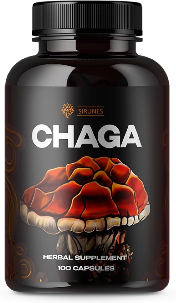 SIRUNES Mushroom Supplement Chaga Mushrooms Capsules 100 Count - 1000mg Natural Organic Mushrooms with Chaga Mushroom Powder - Suplement przeciwutleniający do wsparcia immunologicznego, Energy Boos
