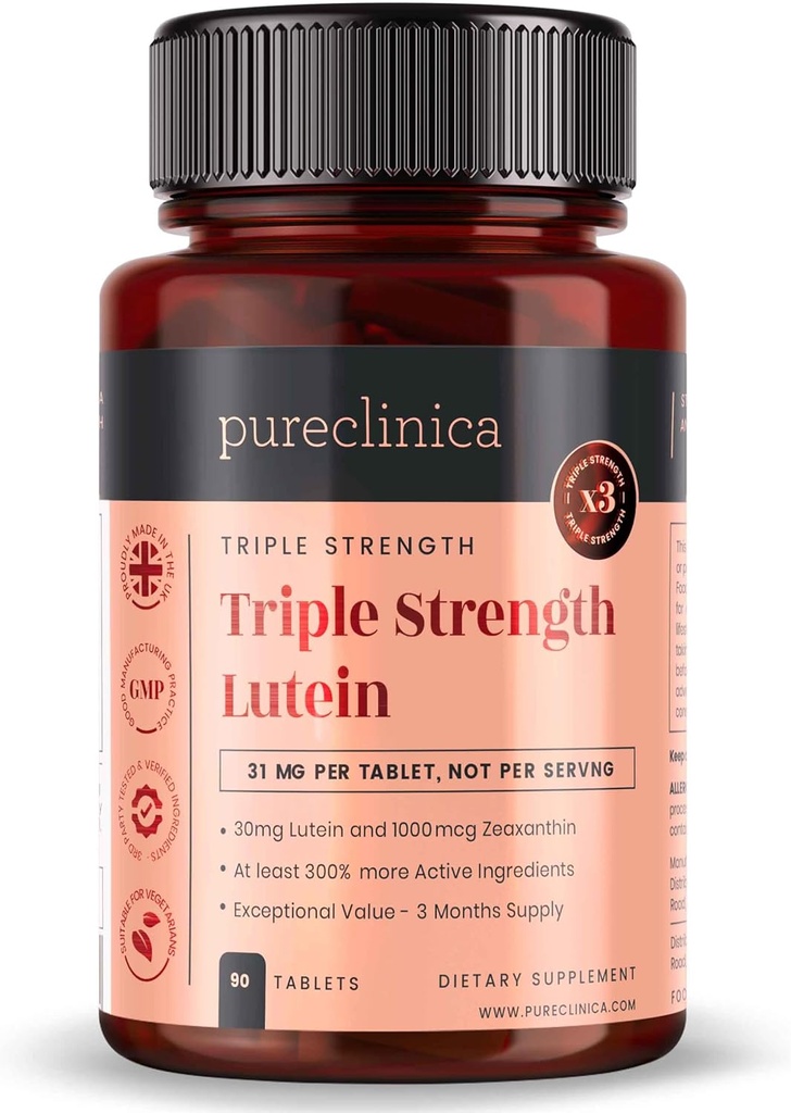 pureklinica Lutein 30 mg z Zeaksantyną 1000mcg - Triple Strength Supplement, 90 tabletek (3- Month Supply)