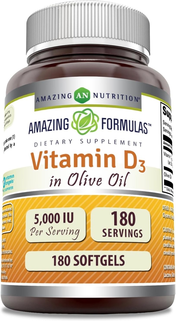 Niezwykłe witaminy D3 z Olive Oil 5000 IU Softgels Supplement Equipment 124; Non-GMO Equipment 124; Gluten Free Equipment 124; Made in USA (180 Count)