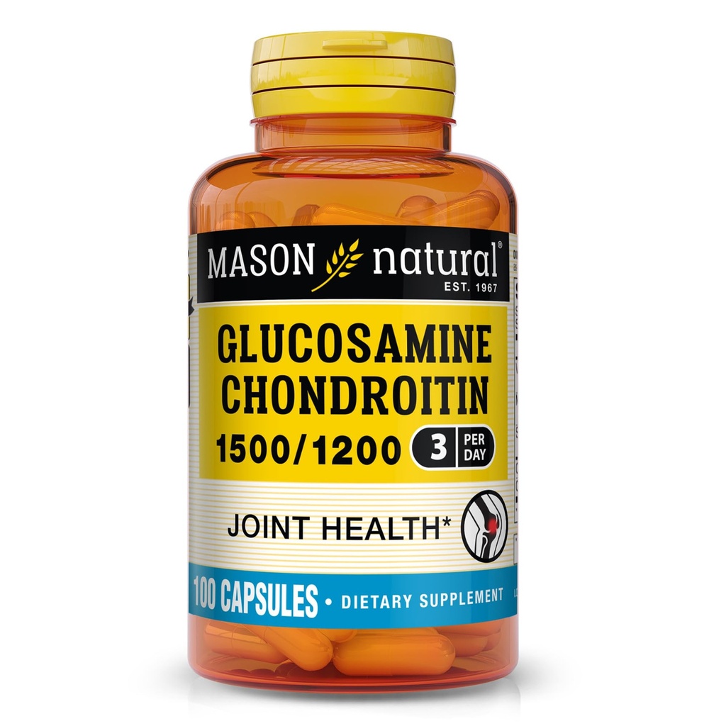 MASON NATURAL Glukozamina Chondroitin 1500 / 1200 z witaminą C, wspomaga wspólne zdrowie dla normalnej elastyczności i mobilności *, 100 kapsułki, 1 miesiąc dostaw