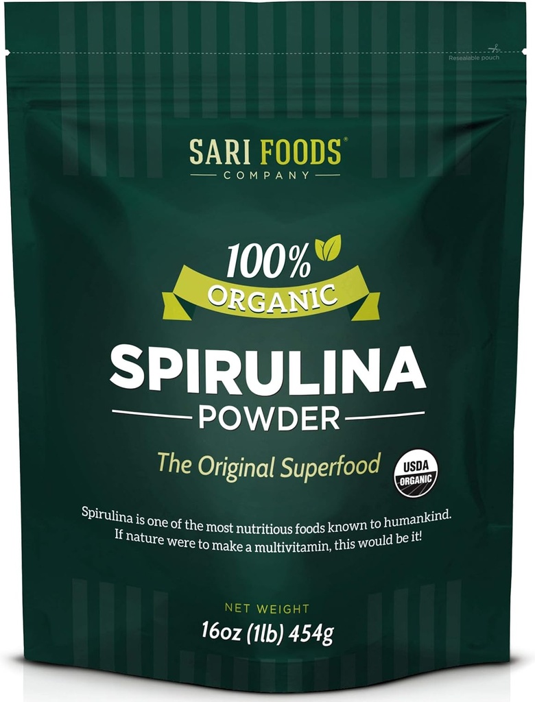 Proszek Spirulina organiczna (16 uncji): naturalnie Wegan, Dostawy kwasu foliowego, Witamina B12, Żelazo, Kwasy tłuszczowe Omega, GLA, Beta Karoten, Chlorofil, Amino Kwasy