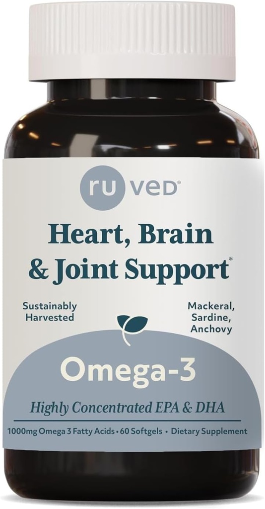 ruved Omega-3 - Omega 3 Fish Oil, 1000mg Per Capsule, EPA & DHA Fish Oil Supplement for Women & Men, Heart, Brain, & Joint Support - 60 Softgel kapsułki (1 liczba)