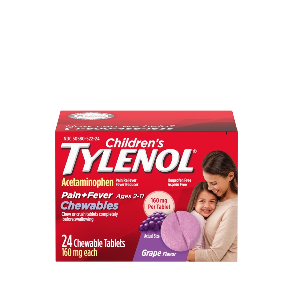 Dzieci Tylenol Chewables z Acetaminofen 160 mg, Reliever Pain & Fever Reducer dla dzieci z objawami zimna + grypa, ból głowy, ból gardła i zębów, bezaspiryna, Grape Flavor, 24