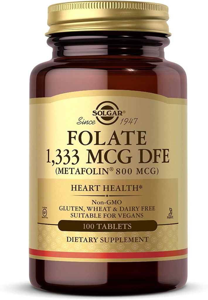 Solgar Folate 1,333 mcg DFE, 100 Tablets - 800 mcg Bio- Aktywny Metafolin - Heart Health - Non-GMO, Wegan, Gluten Free, Dairy Free, Kosher - 100 Sług