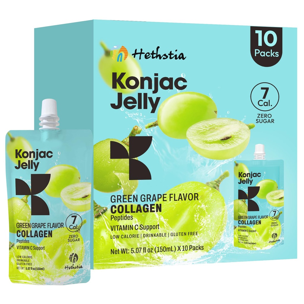 Hethstia Konjac galaretka zielony Grape Flavor, 10 Pouches, Drinkable winogronowe galaretki z peptydami Collagen, 7 Kcal, Sugar Free, Gluten Free, Keto, Vegan, On- The- Chewy Light przekąski