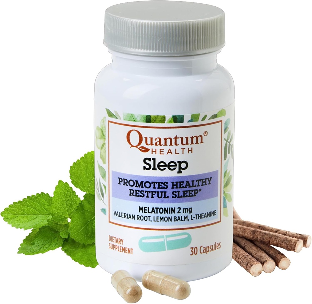 Quantum Health Sleep Melatonin 2mg Healthy Restful Sleep Support Blend with Relaxing Valerian Root, Lemon Balm & L Theanine Daily Mind & Body Well Being for Women & Men - 30 Capsules