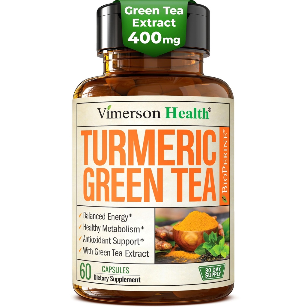 Kurkumina Turmerowa Suplement z Green Tea Extract (ECGC) & Witamina C do wspólnego zdrowia, Energia i Stan zapalny Równowaga - Organiczna kurkumina Tumeryczna z czarnym pieprzem - Bezglutenowy, Non-GMO - 60 Kapsułki