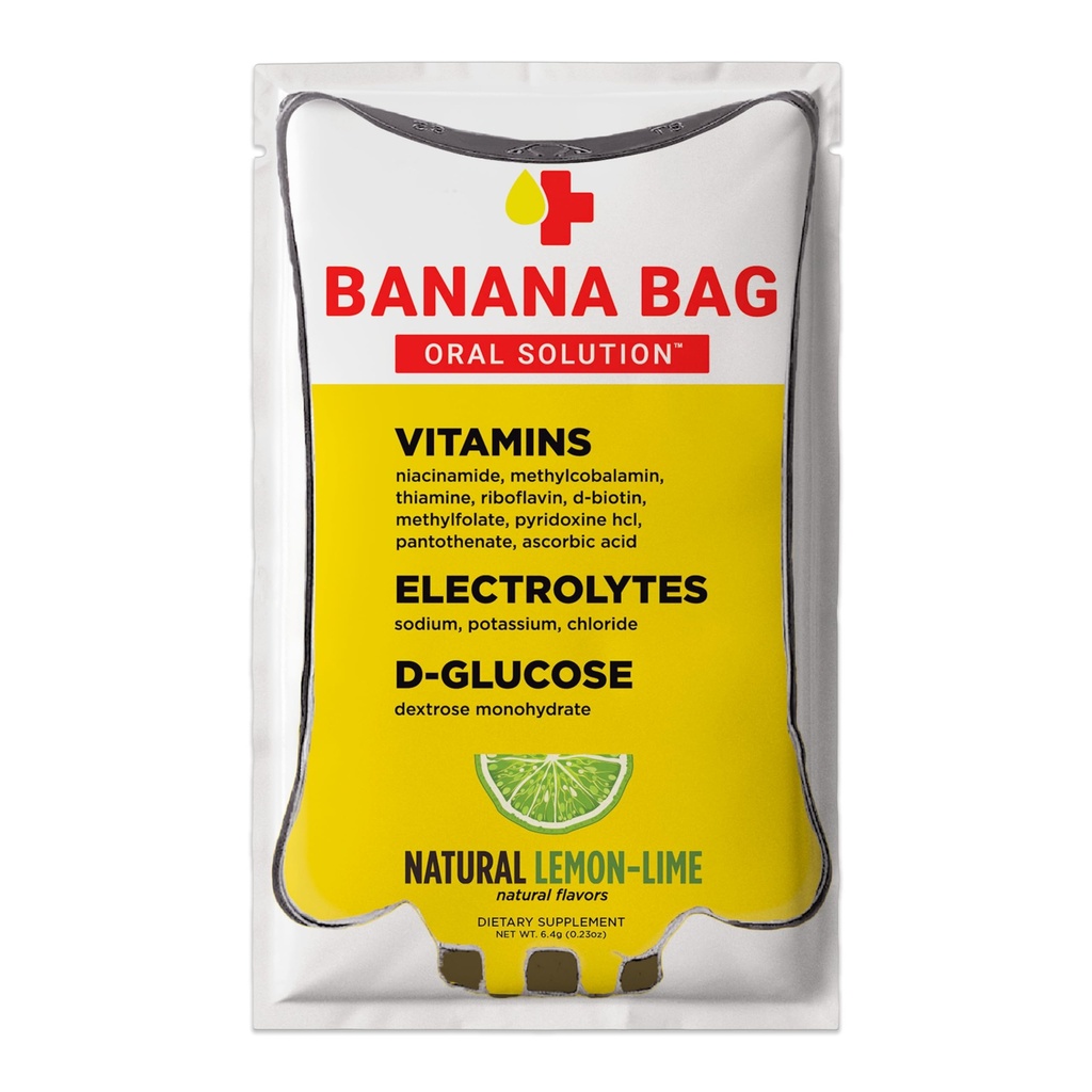 Banana Bag Oral Solution Pakiety - Natural Lemon Lime 15pk XI124; Odświeżający Mieszanka Elektrolitów, Witaminy C i B-Complex dla codziennej hydrolizy i energii XI124; Idealny dla każdego stylu życia.