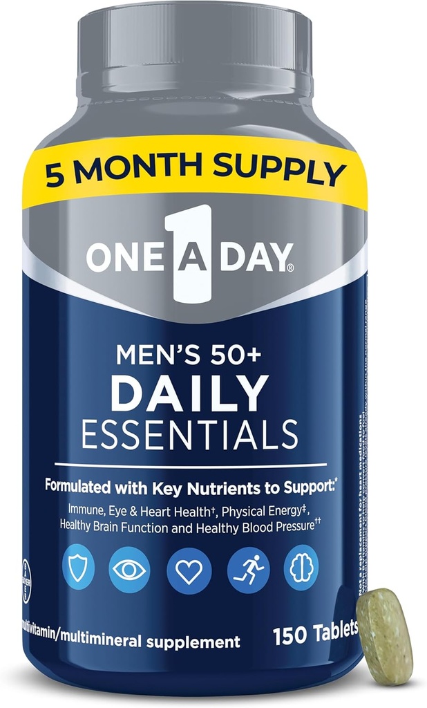 One A Day Men 's Multivitamin 50 + Daily Essentials Adresy 124; Multiwitamina dla mężczyzn 50 Plus Wspomaga zdrowie immunologiczne, Zdrowy mózg Funkcje & Energia fizyczna Adresat 124; Witaminy dla mężczyzn z witaminą C & Cynk, 150 Hrabia
