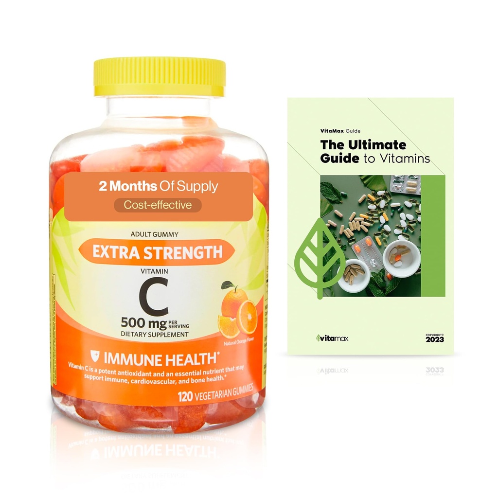 Wiosenna Dolina Dodatkowa Siła Witamina C immunologiczne Zdrowie Suplement diety Wegetariańskie Gumies, Pomarańczowy, 500 mg, 120 Hrabia + ekskluzywny VitaMax Witamina Przewodnik (2 Produkty)