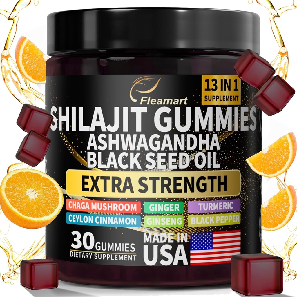 Shilajit Gummies, Shilajit Pure Himalayan Gummies z Ashwagandha, olej z nasion czarny, cukier wolny Shilajit Gummies dla mężczyzn i kobiet, 30 Hrabia, Flavor pomarańczowy