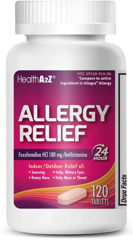 HealthA2Z Fexofenadyna Hydrochlork 180mg, Antyhistamina dla Ulgi Alergicznej, 24- godzinna Antihistamina dla Ulgi Alergicznej (120 liczenie (opakowanie po 1))