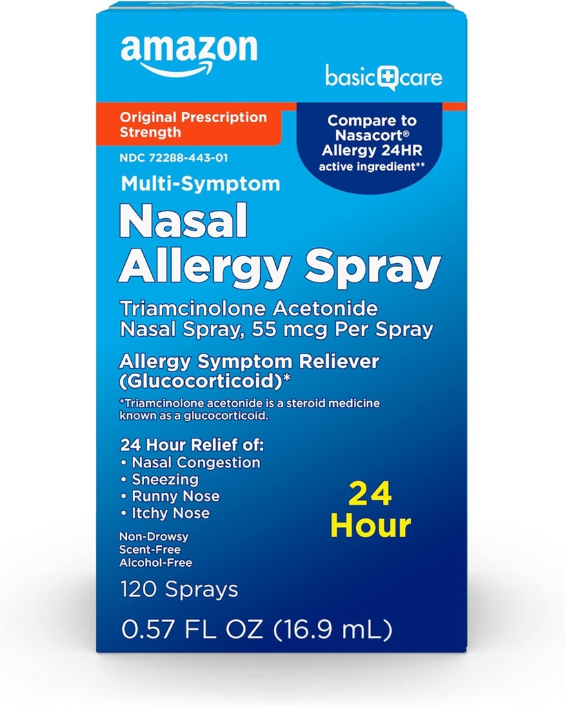Basic Care 24 Hour Alergy Nasal Spray, Triamcynolon Acetamid 55 µg za spray, Alergia Medicine, Non-Drowsy, 0,57 fl oz (Opakowanie po 1)
