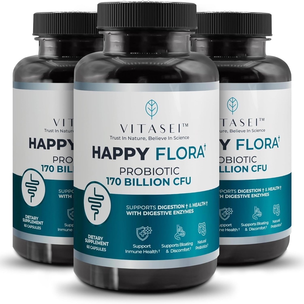 VITASEI Happy Flora, suplement probiotyczny 170 Miliard CFU dla Zdrowego Gut Health z enzymami do trawienia, probiotyki dla kobiet i mężczyzn, 3 Butelka - 180 Kapsułki