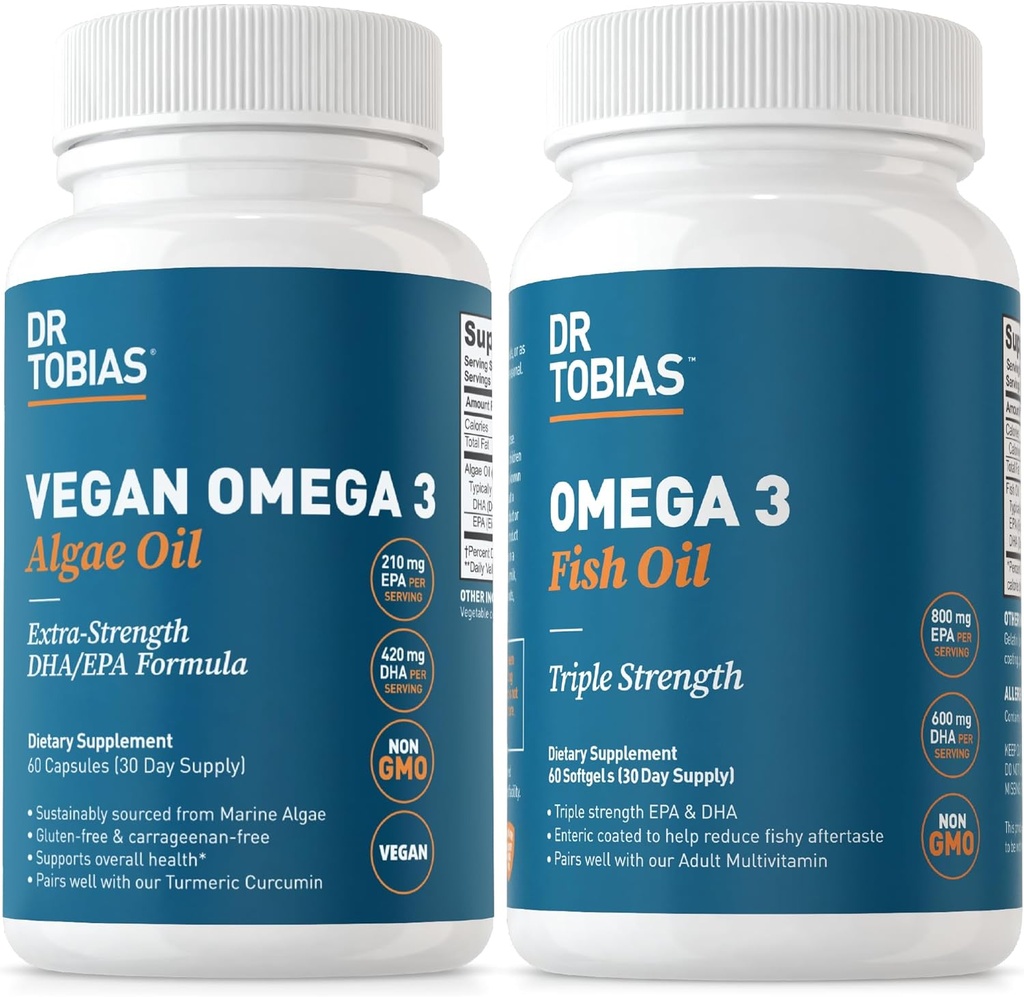 Dr. Tobias Vegan Omega 3 Algae Oil i Omega 3 Fish Oil, 2 Opcje kompleksowego wsparcia kwasów tłuszczowych, Non-GMO