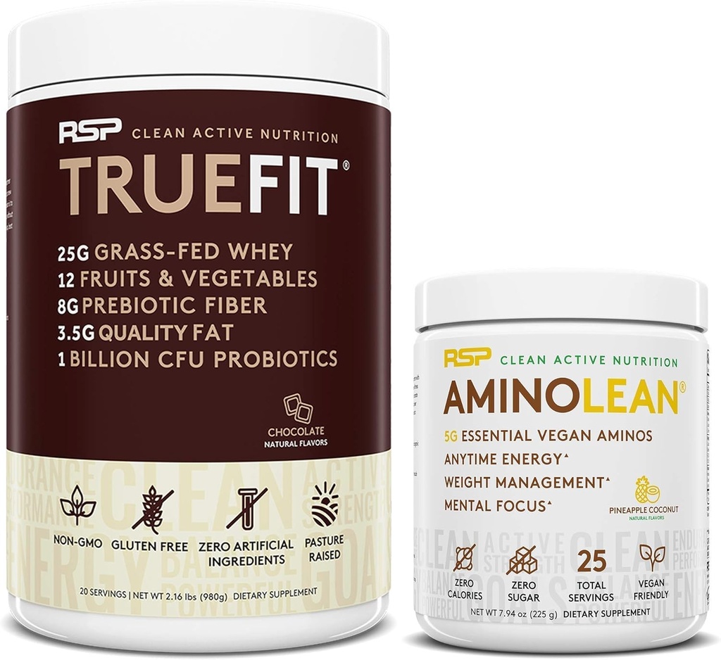 RSP NUTRITION Vegan AminoLean Pre Workout Energy (Ananas Coconut 25 Serings) z proszku białka TrueFit (Czekolada 2 LB)